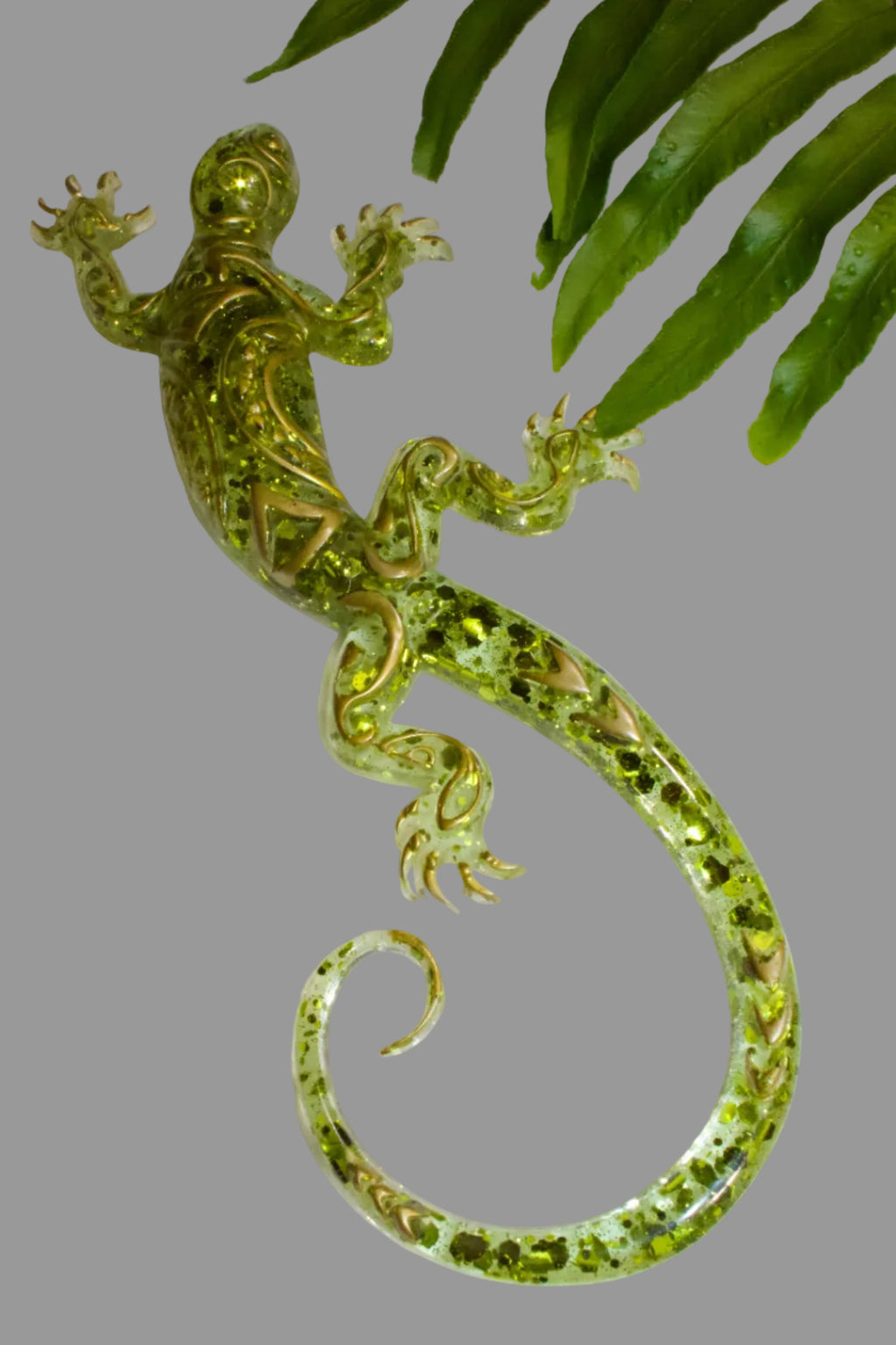 Handmade Resin Gecko — Emerald Green Glitter Art Sculpture
