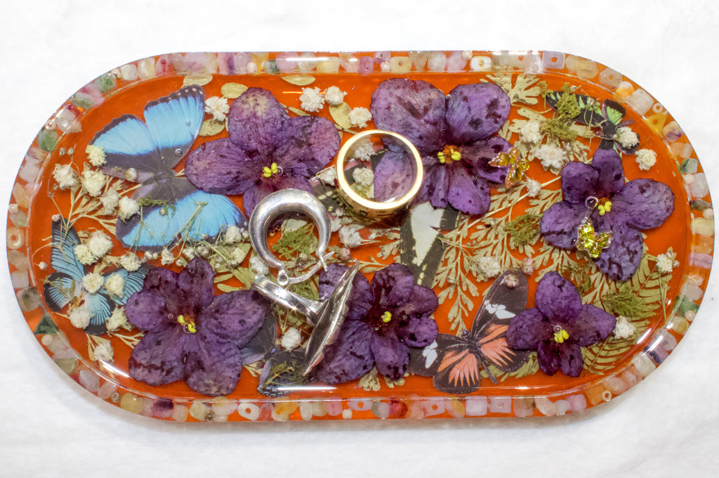 Handmade Art Resin Tray – Purple Florals & Butterflies