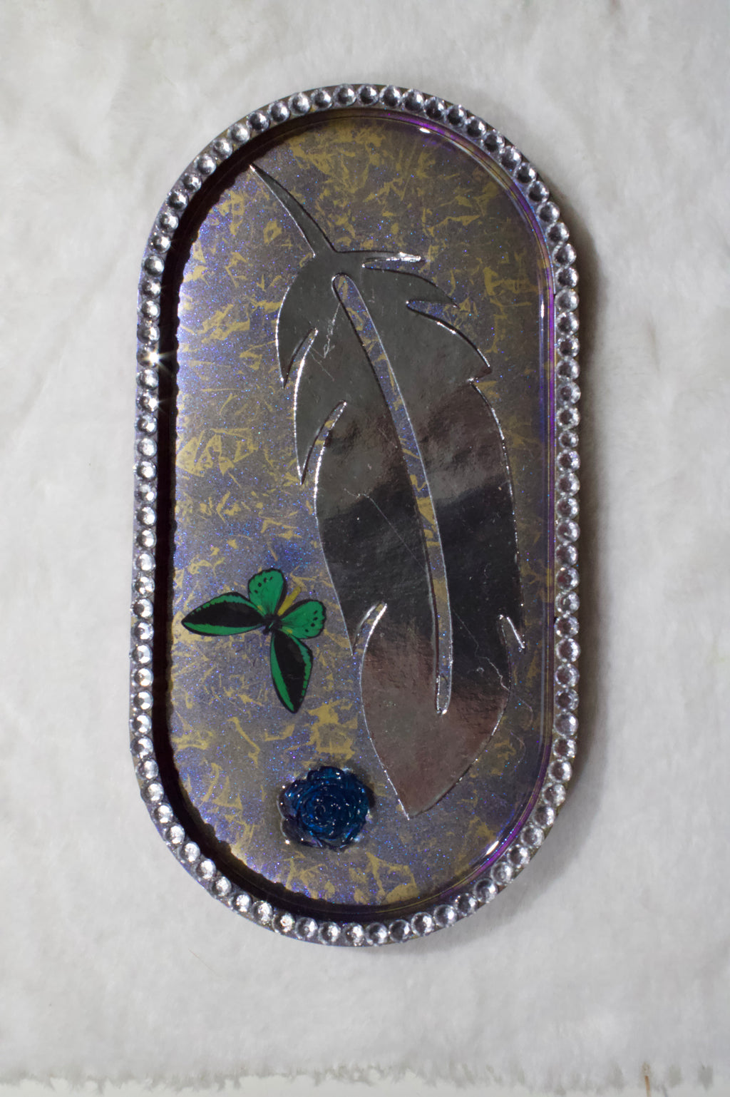 Silver Feather Iridescent Resin Tray — Handcrafted Oval Tray