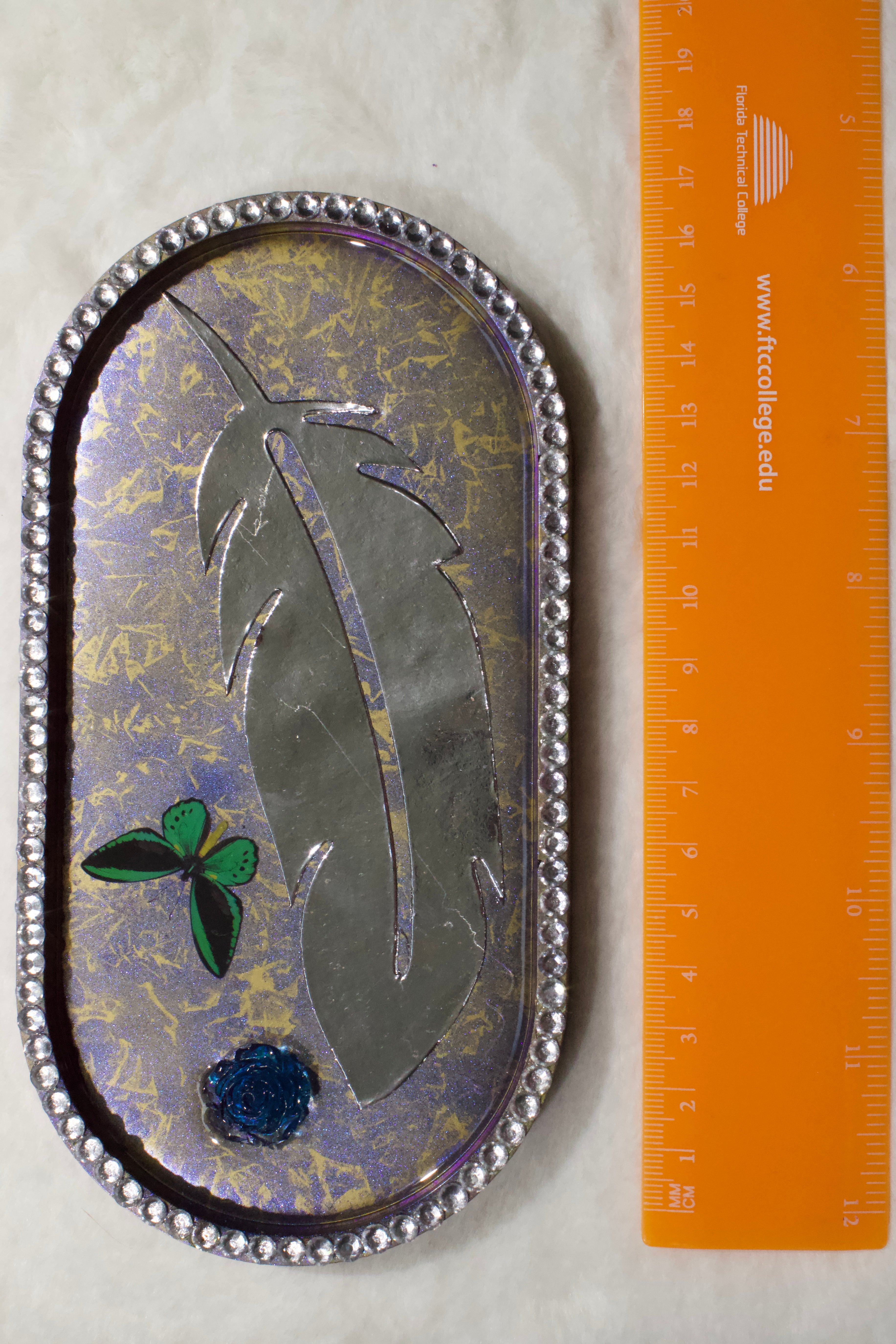 Silver Feather Iridescent Resin Tray — Handcrafted Oval Tray