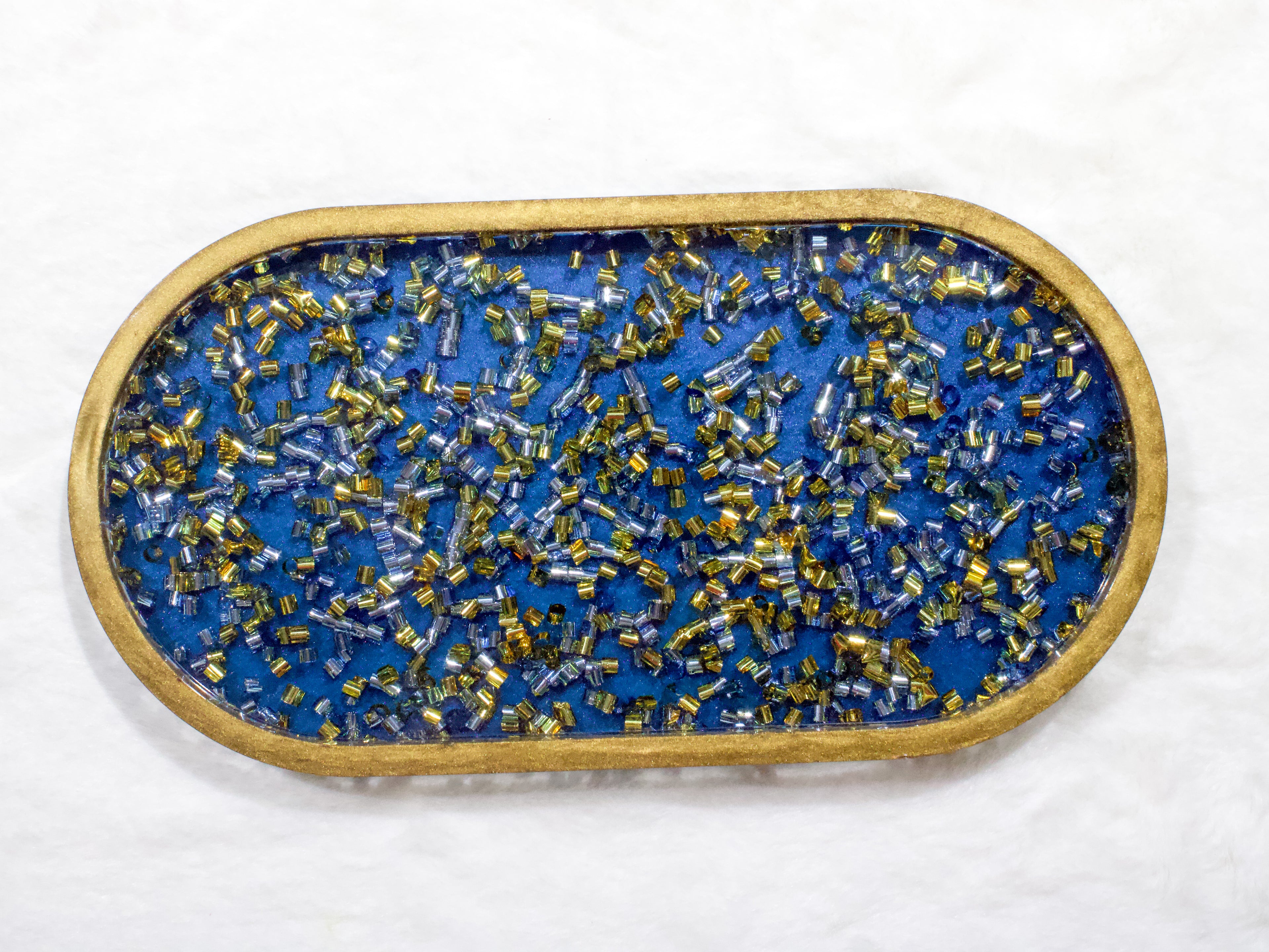 Royal Blue & Gold Beaded Resin Tray — Handcrafted Oval Tray
