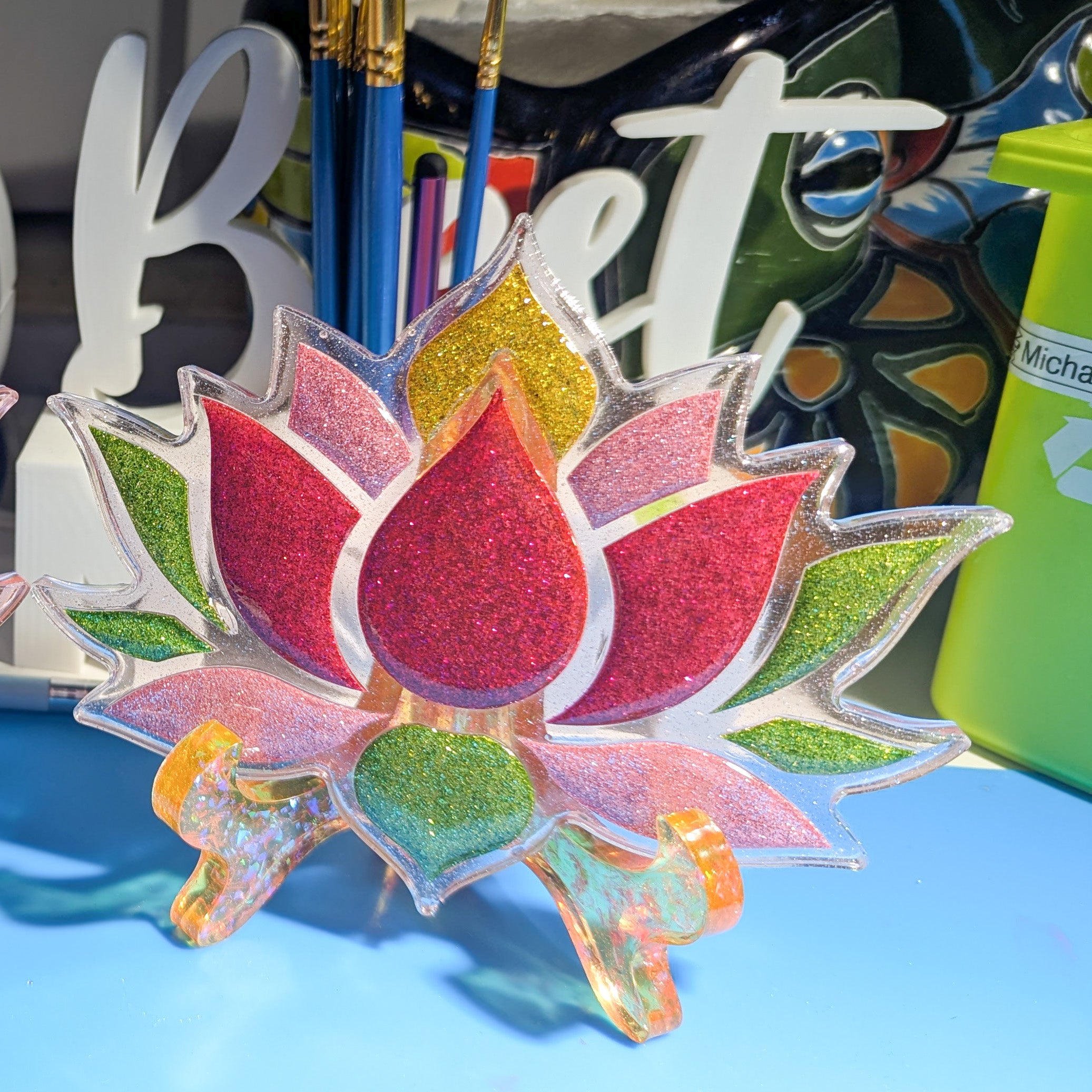 Handmade Glitter Lotus Flower Resin Coaster