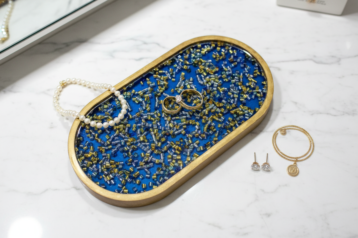 Royal blue resin tray with gold rings, pearl necklace and earrings on top