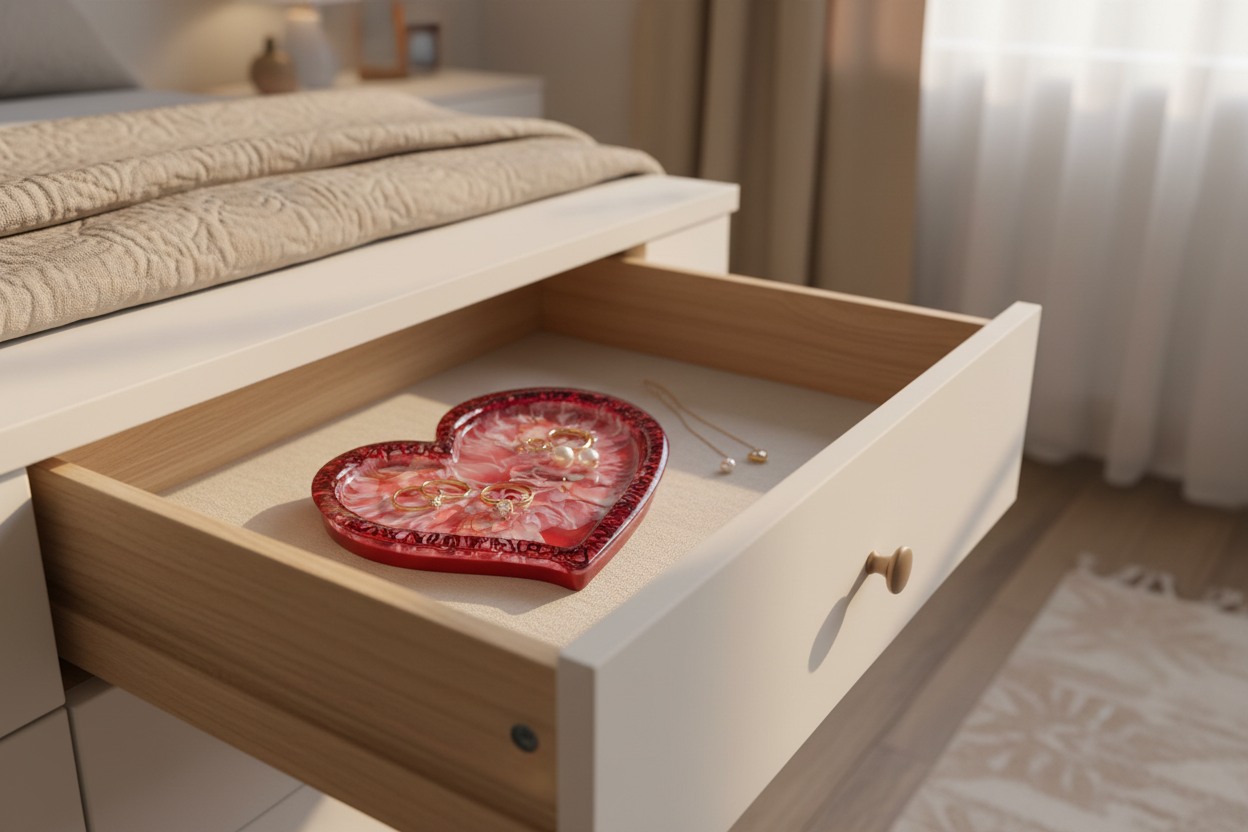 Resin heart tray in a bedroom drawer with jewelry arranged on top