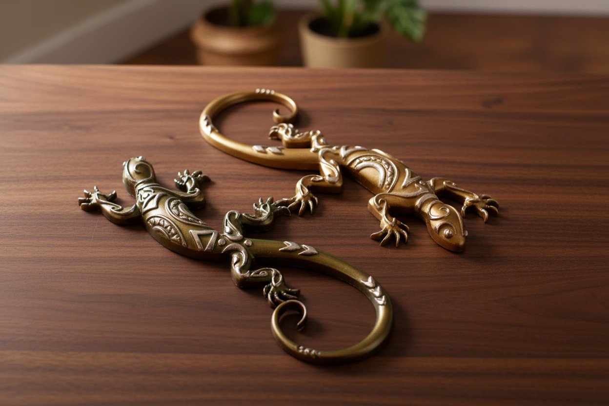 Handcrafted Tribal Resin Gecko Duo on dark walnut wood surface