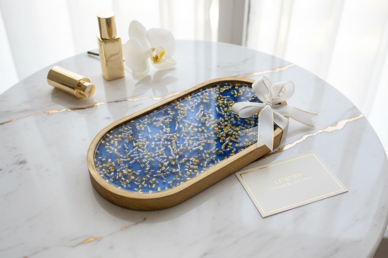 Royal blue resin tray on white marble minimalist background